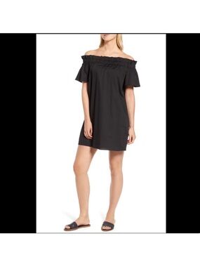 PLEIONE Black Off the Shoulder Poplin Shift Dress xsp